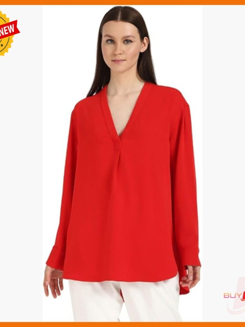 Relaxed Fit V-Neck Blouse with Long Sleeves and Pockets